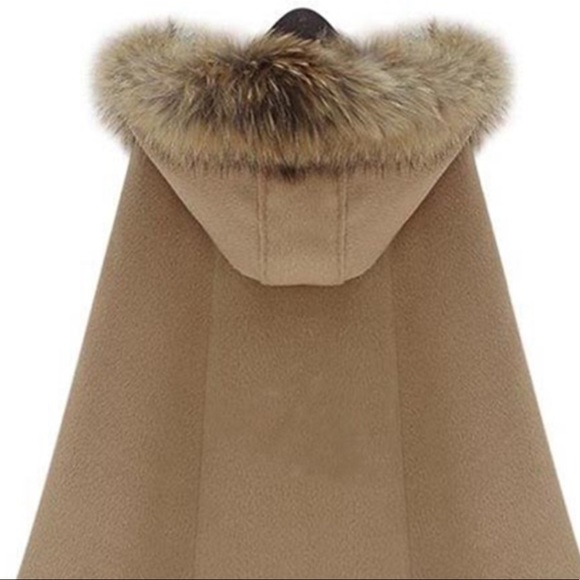 Hooded Big Faux Fur Lapel With Horn Button Women’s Cape Coat - Picture 4 of 17
